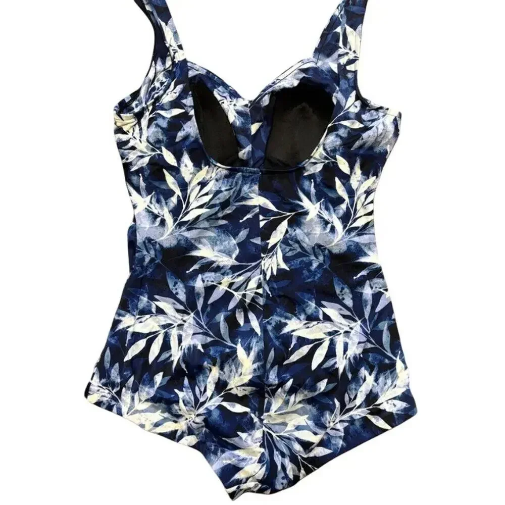 MAXINE OF HOLLYWOOD Shirred Front Girl Leg One Piece Swimsuit Blue Tropics SZ 16